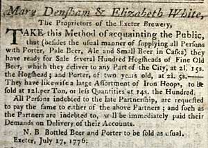 Exeter Brewery advert in 1776