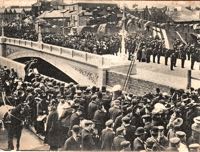 crowd on the temporary wooden bridge