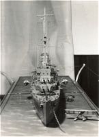 The bows of the model of HMS Exeter.