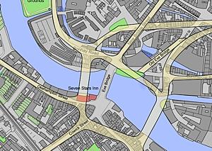 Map showing the position of the Seven Stars, next to the Exe Bridge.