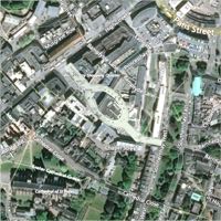 Map of Bedford Circus superimposed over an aerial view